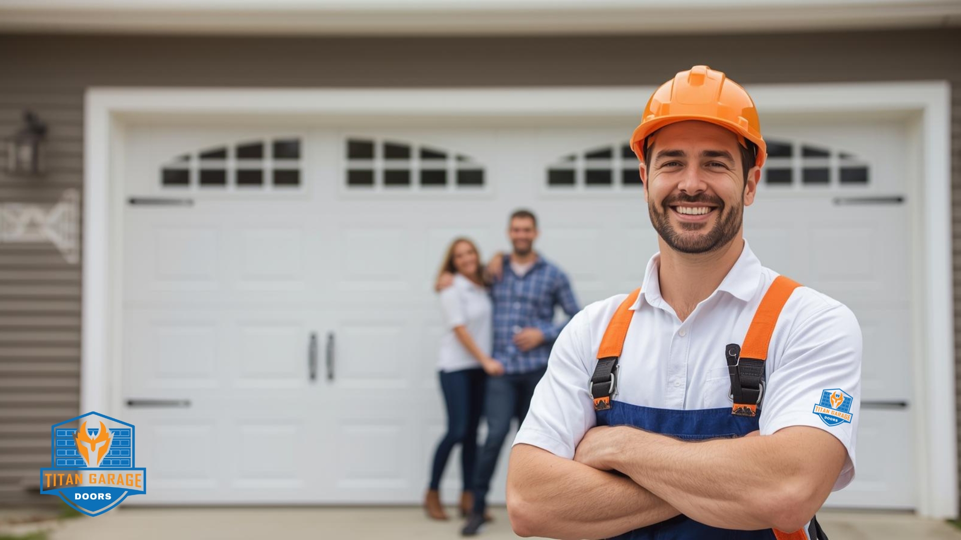 Technician standing in front of newly installed residential garage doors 