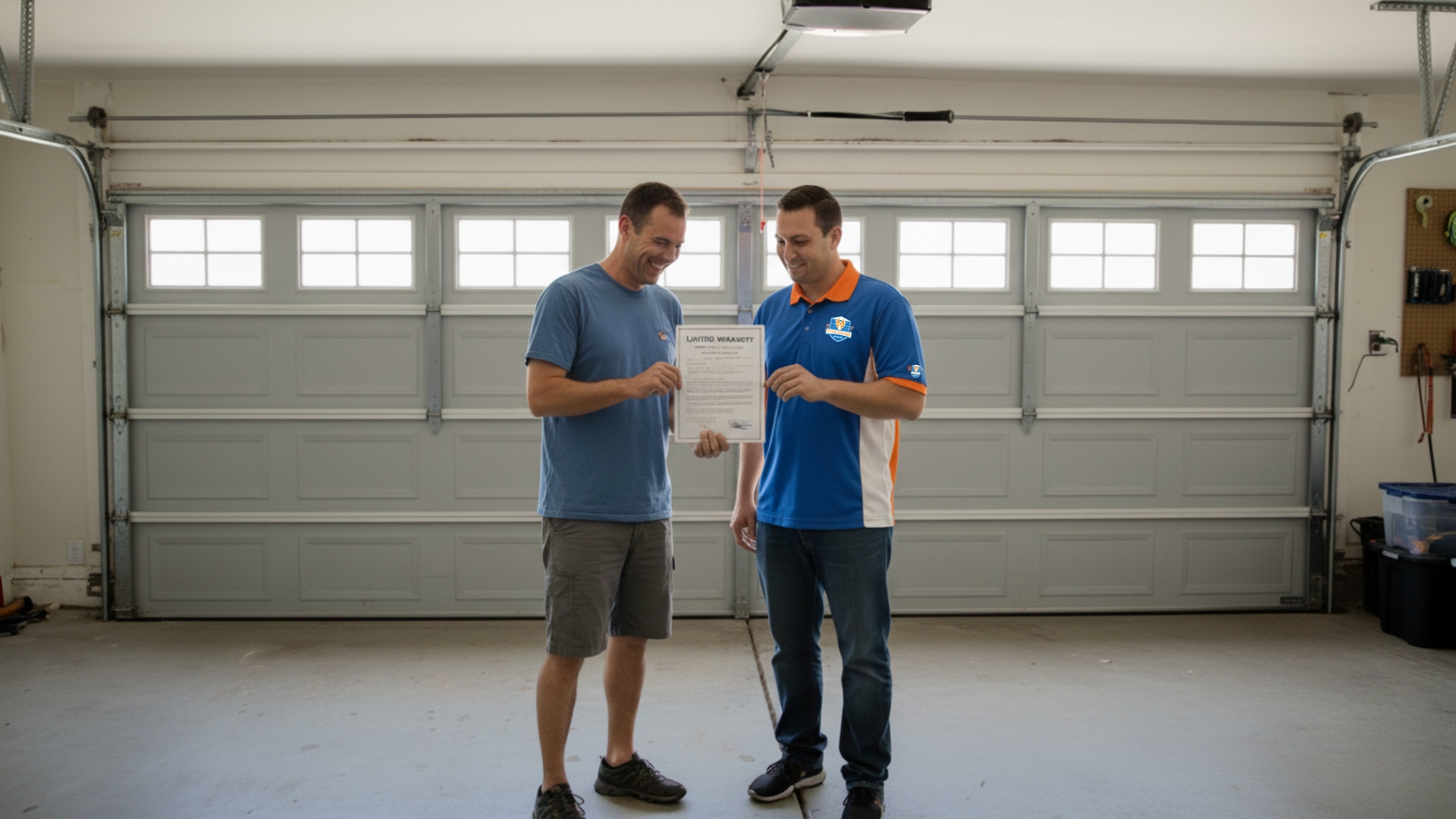 A reliable garage door repair company in Rockford, handing a warranty to a homeowner