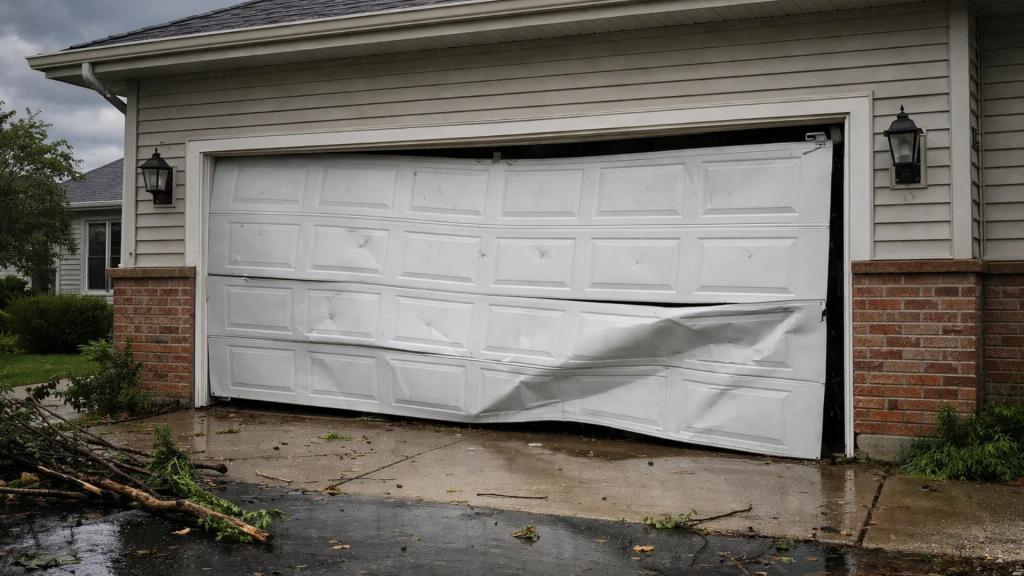 Residential garage door with major structural damage needing fast emergency repair