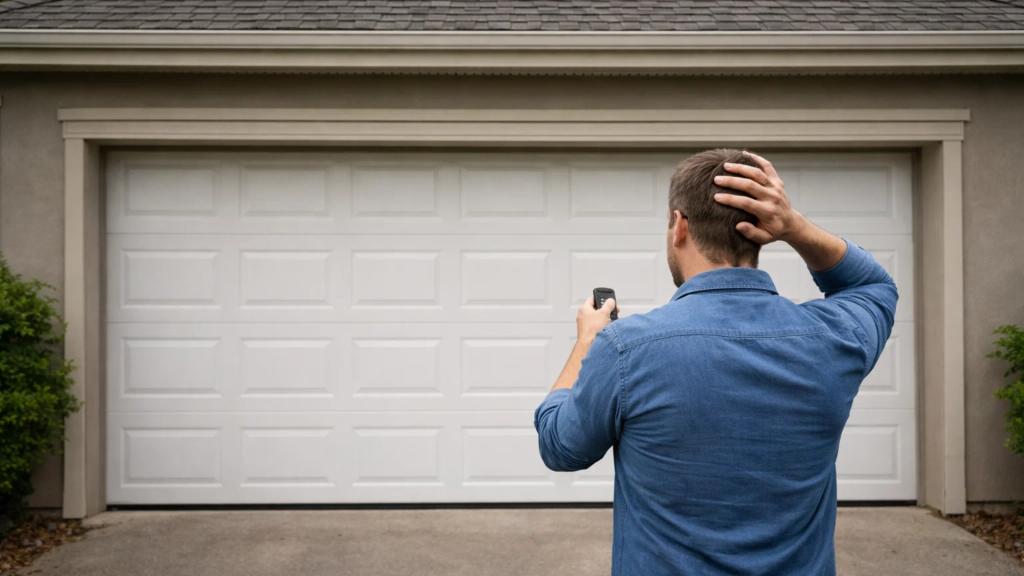 Homeowner pressing the remote while the garage door won’t open, needing emergency repair 