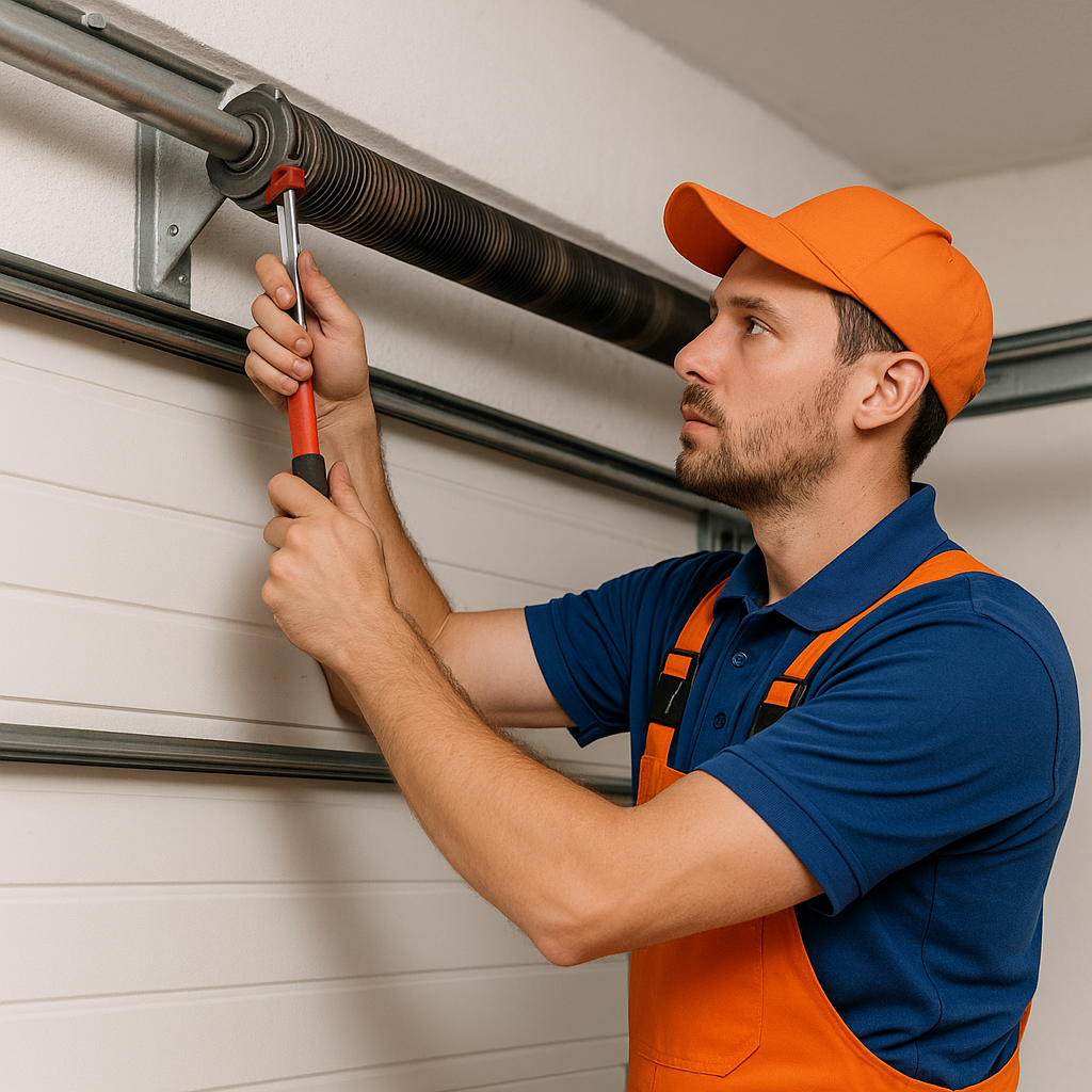 Titan Garage Doors Rockford A technician adjusting the tension of a garage door spring