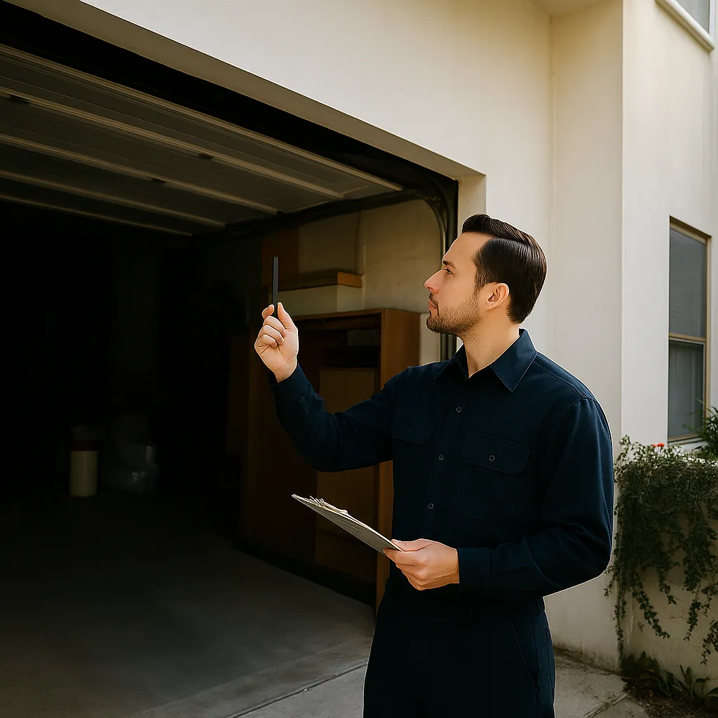 Garage door specialist performing detailed inspection at a residential property with checklist