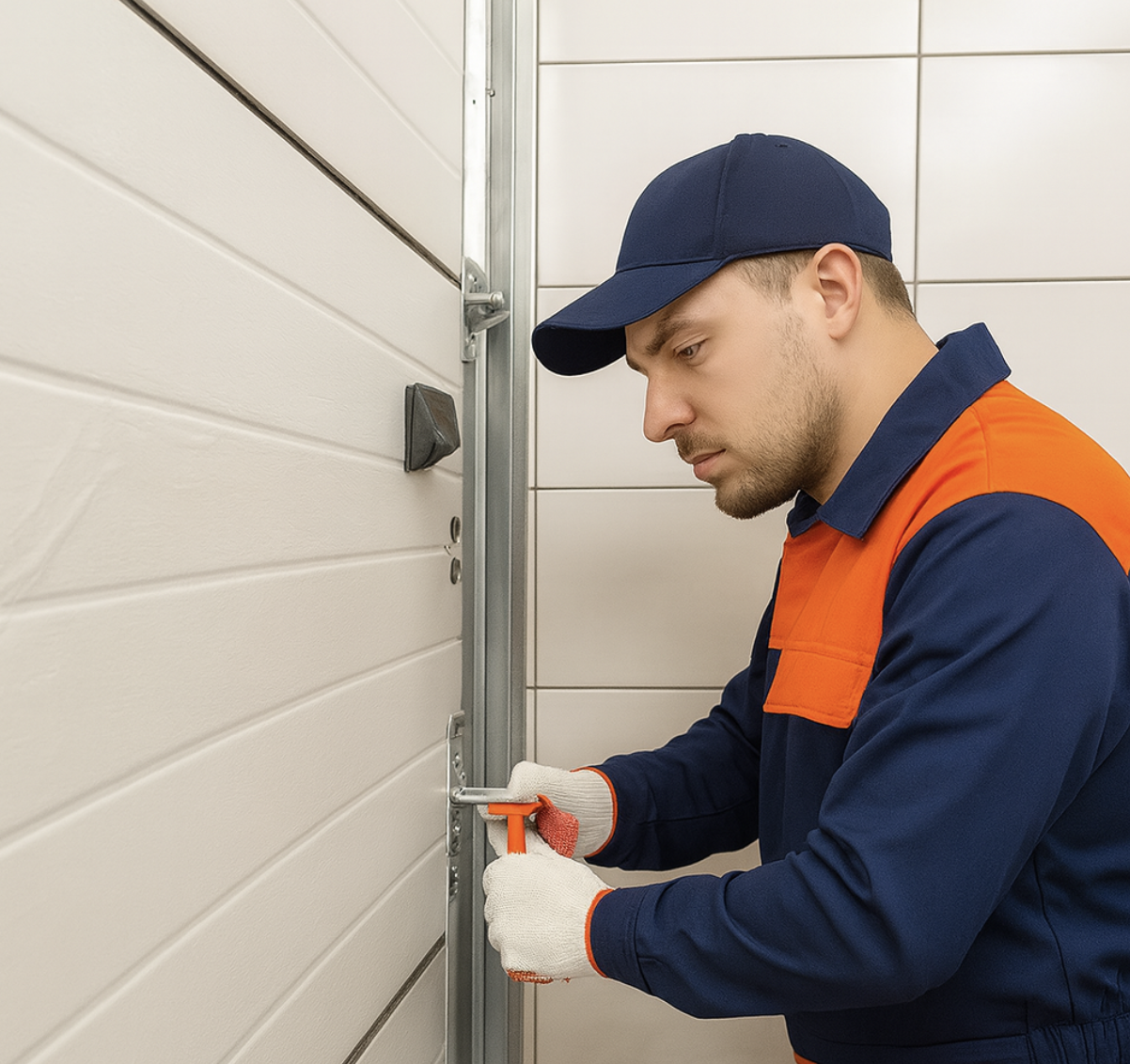 Titan Garage Doors Rockford A technician fixing a garage door panel