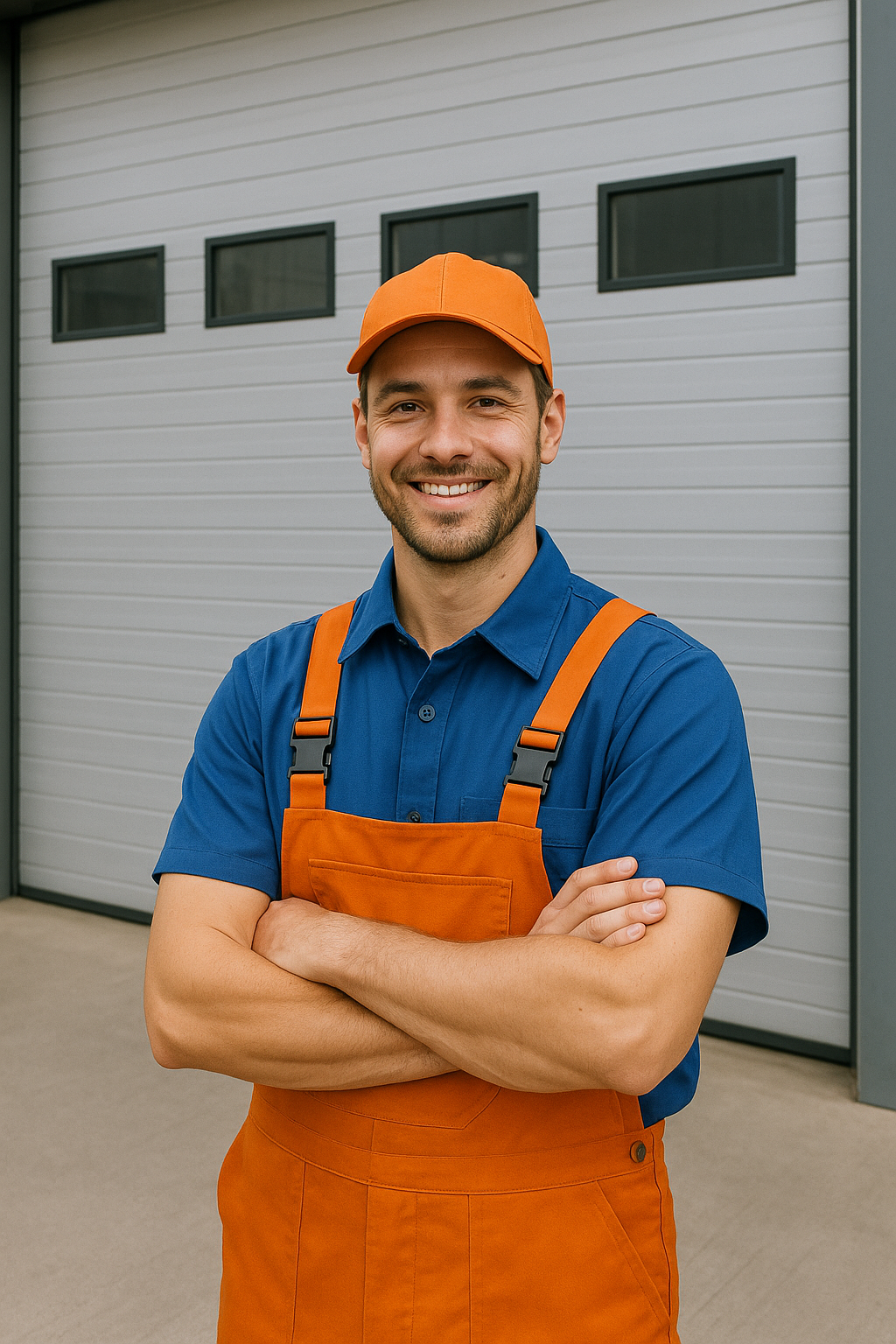 A technician posing in front of a commercial garage door