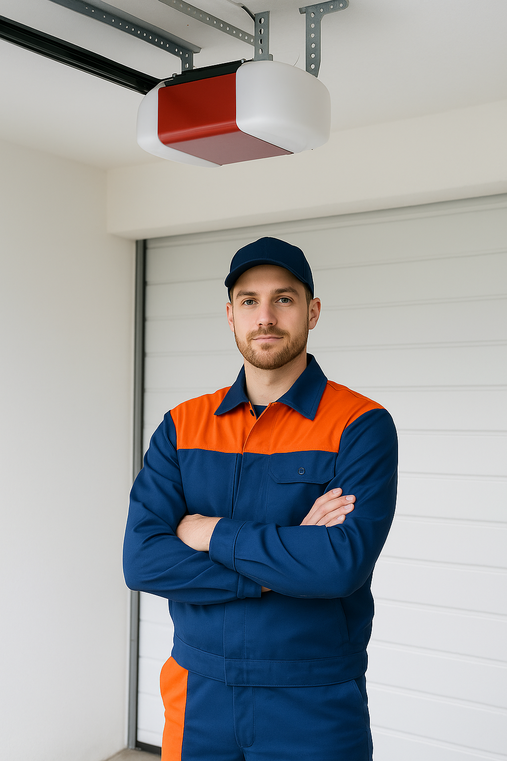 A technician posing after a successful garage door opener repair