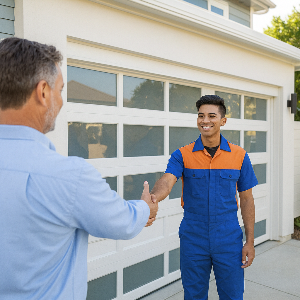 A technician shaking hands with a client after a successful garage door service