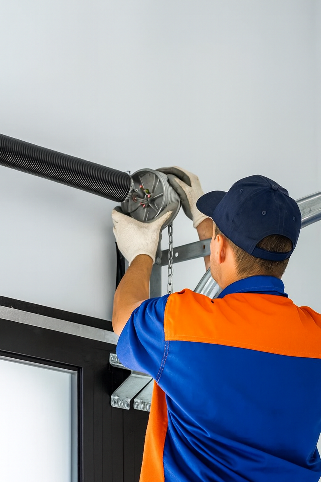 A technician adjusting the cable drum during a garage door maintenance