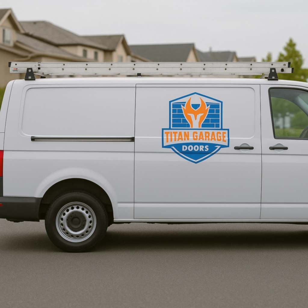 Titan Garage Doors service van with company logo and mounted ladder, providing professional garage door repair and installation services