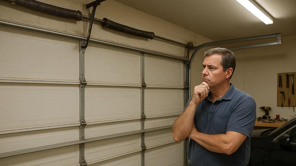 Man inspecting the worn-out garage door springs in his garage