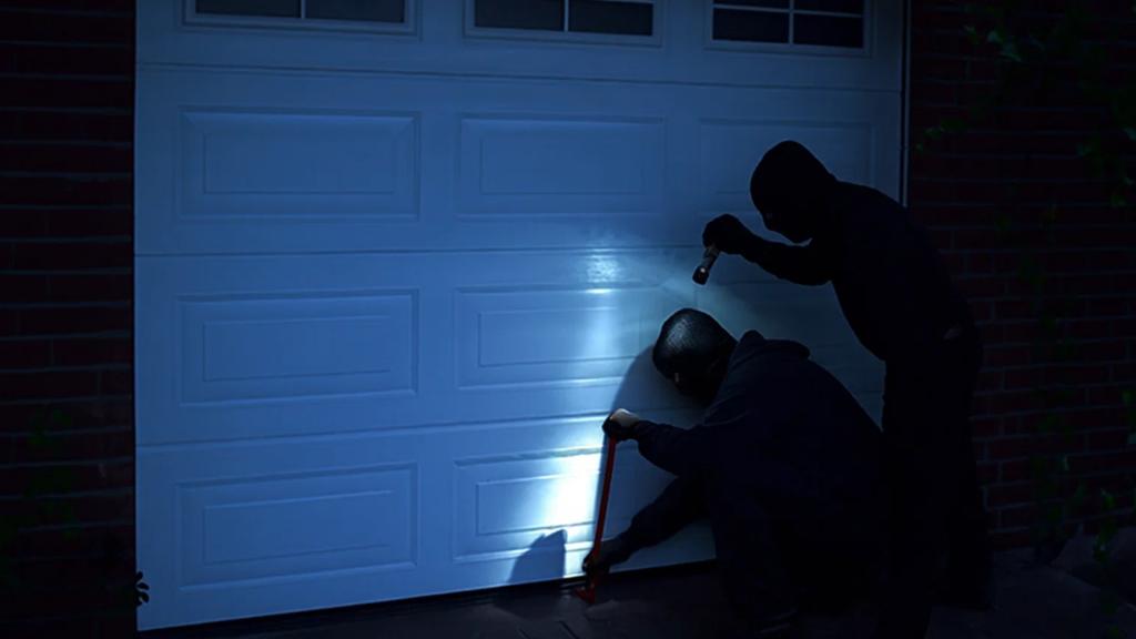 Burglars attempting to break into an insulated garage door at night