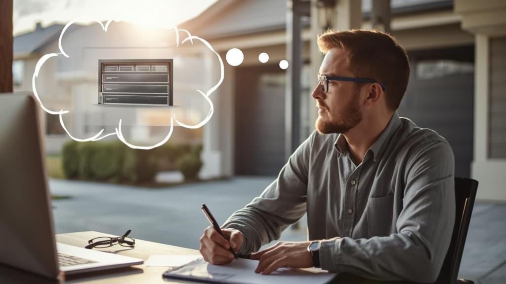 Man visualizing a new garage door installation for his home