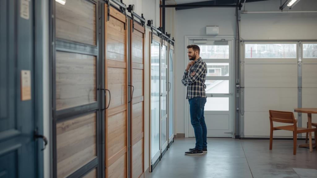 Man evaluating different door designs while planning a new garage door installation.