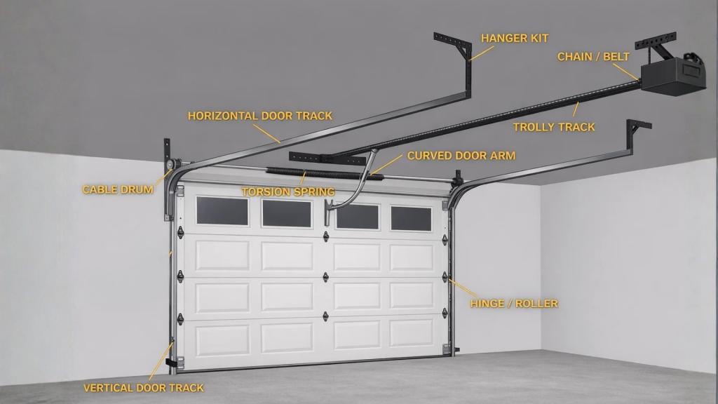 Visual guide to how garage doors work with tracks, rollers, and springs