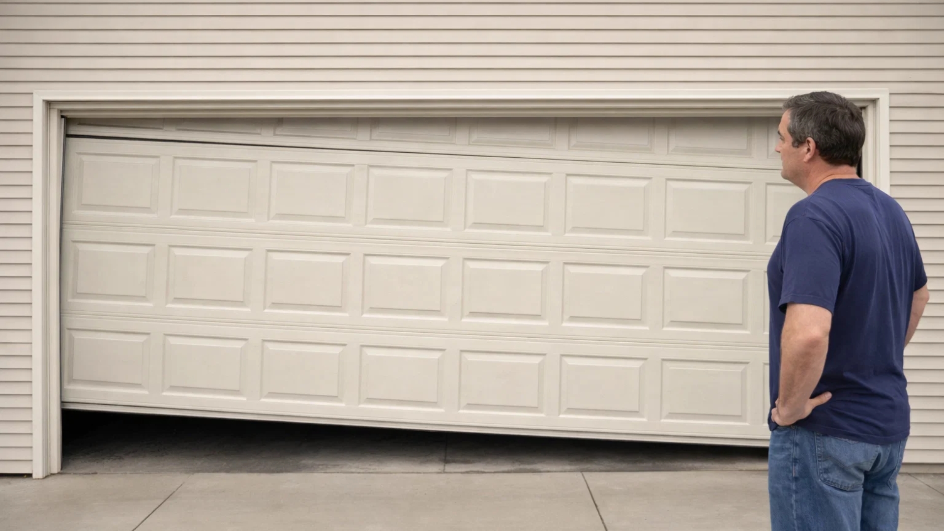 A homeowner inspecting a misaligned garage door stuck halfway open