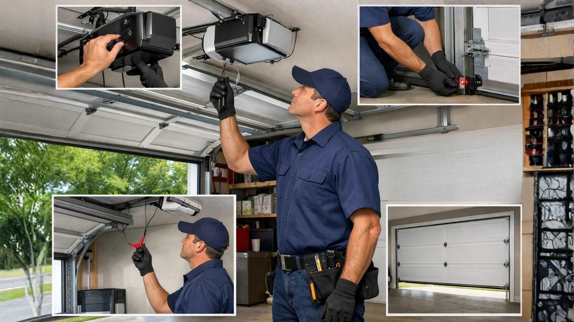 Technician performing garage doors repairs with focus on opener, rollers, and safety components