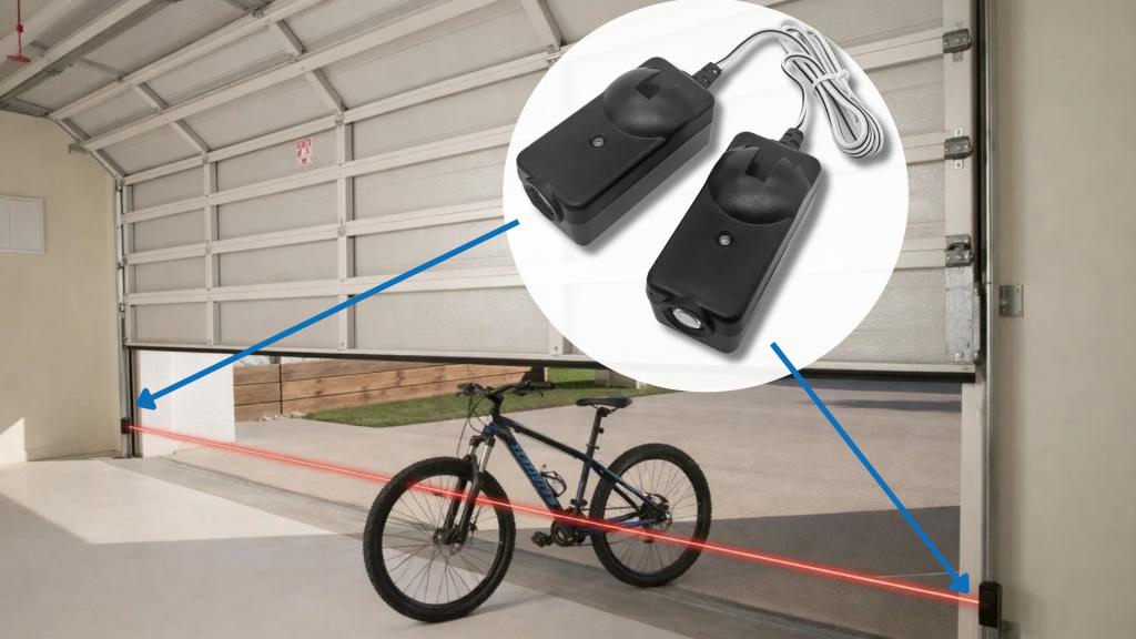 Garage door system safety mechanism highlighted with laser beam and sensor placement